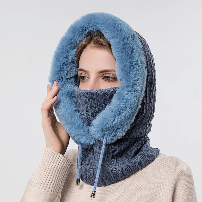 Ensemble de masques à capuche en fourrure d'hiver pour femmes, tricoté, col en cachemire, cagoule chaude, coupe-vent, chapeau épais en peluche, bonnets moelleux