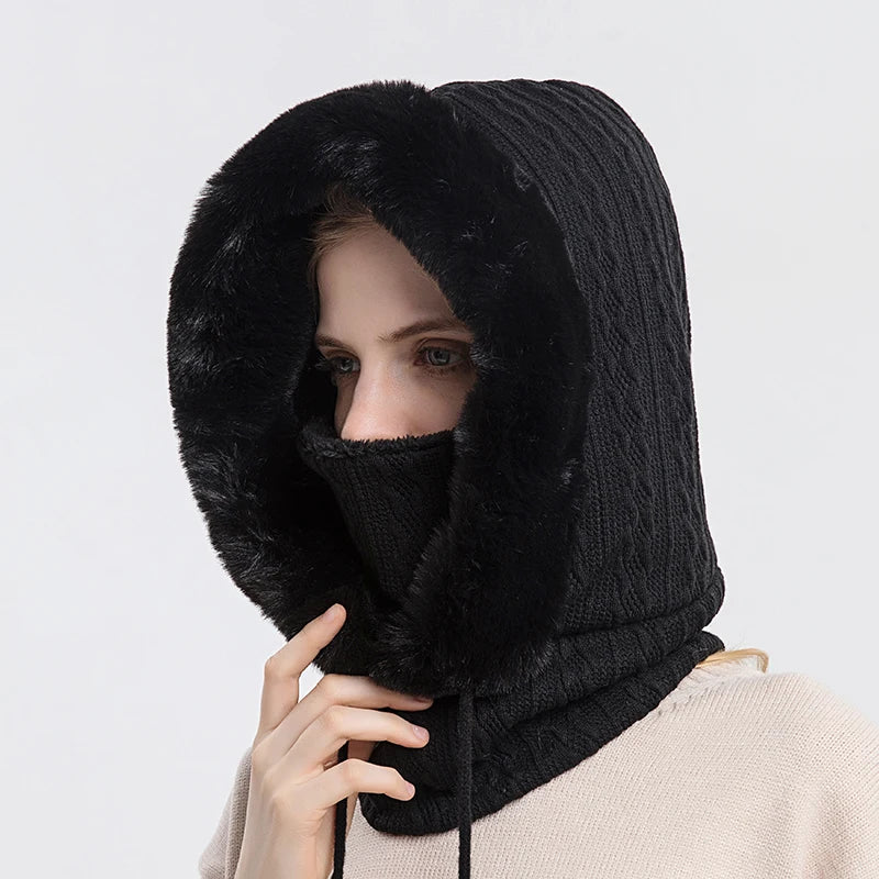 Ensemble de masques à capuche en fourrure d'hiver pour femmes, tricoté, col en cachemire, cagoule chaude, coupe-vent, chapeau épais en peluche, bonnets moelleux